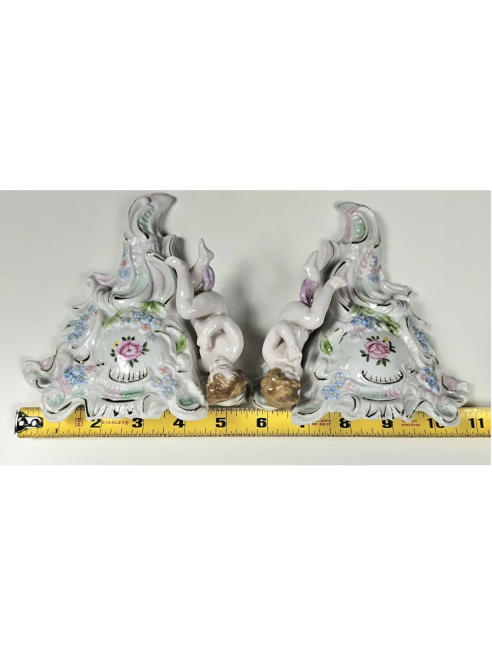 Vintage L&M Inc Porcelain Cherub Wall Pocket Vases Pair Pink Rose Flowers Gold